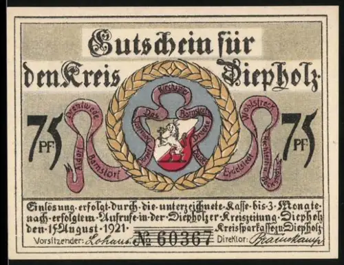 Notgeld Diepholz 1921, 75 Pf, Wappen und Kirche mit historischem Text und Szenen