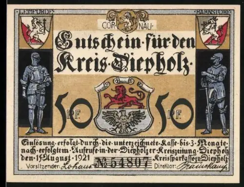 Notgeld Diepholz 1921, 50 Pf, Wappen mit Rittern und Ortsansicht Lemförde 1621