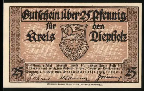 Notgeld Diepholz 1920, 25 Pfennig, Wappen und Fachwerkhaus mit Baum