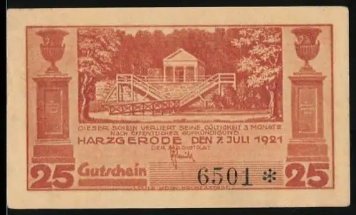 Notgeld Harzgerode 1921, 25 Pfennig, Landschaftsansicht von Alexisbad um 1830 mit Pavillon-Motiv