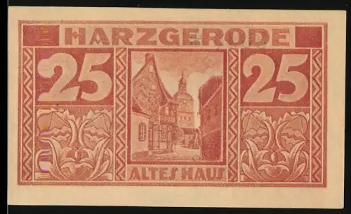 Notgeld Harzgerode 1921, 25 Pf., Altes Haus und Wappen von Harzgerode