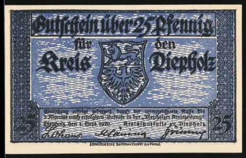 Notgeld Diepholz 1920, 25 Pfennig, Fachwerkhaus und Wappen des Kreises Diepholz