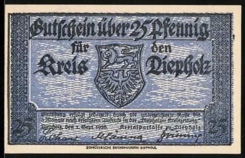 Notgeld Diepholz 1920, 25 Pfennig, Wappen und Fachwerkhaus mit Baum