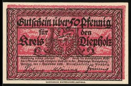 Notgeld Diepholz 1920, 50 Pfennig, Wappen und Schloss zu Diepholz