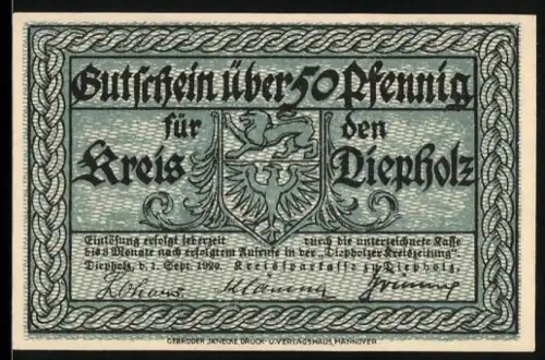 Notgeld Diepholz 1920, 50 Pfennig, Wappen und Schlossansicht