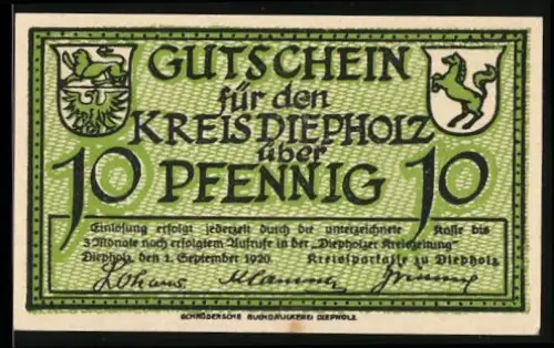 Notgeld Diepholz 1920, 10 Pfennig, Wappen und Gänse im Feld