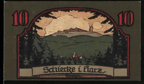 Notgeld Schierke i. Harz 1921, 10 Pfennig, Berglandschaft und Goethe-Silhouette