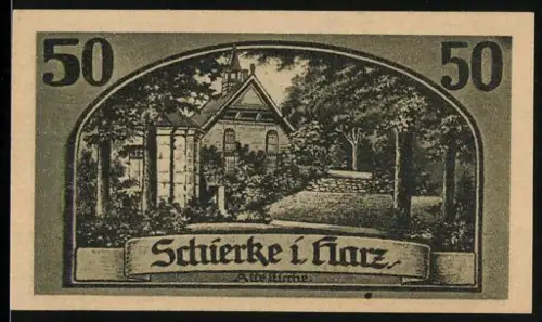 Notgeld Schierke i. Harz 1921, 50 Pfennig, Landschaft und Goethes Faust Motiv