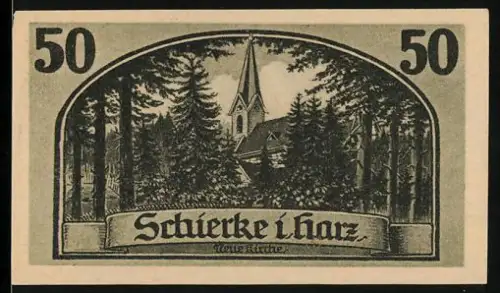 Notgeld Schierke i. Harz 1921, 50 Pfennig, Kirche und Goethe-Motiv