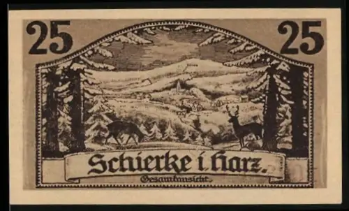 Notgeld Schierke i. Harz 1921, 25 Pfennig, Landschaft mit Rehen und Goethe-Porträt