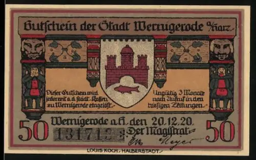 Notgeld Wernigerode a.H. 1920, 50 Pfennig, Stadtwappen und Rathausansicht mit Figuren
