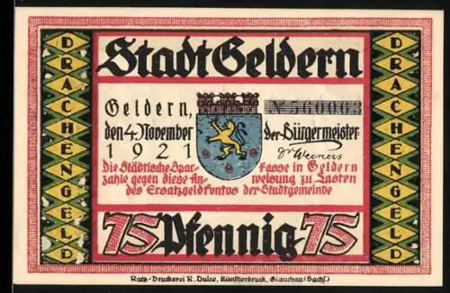 Notgeld Geldern 1921, 75 Pfennig, Stadtwappen und Drachenmotif, Silhouette der Stadt mit Figuren und Fluss