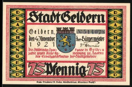 Notgeld Geldern 1921, 75 Pfennig, Wappen und Drachenkampf-Silhouette