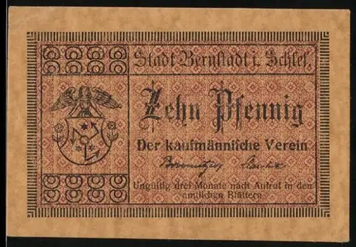 Notgeld Bernstadt i. Schlesien, 10 Pfennig, mit Wappen und dekorativem Muster