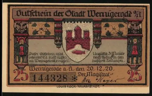 Notgeld Wernigerode a. Harz 1920, 25 Pf, Hexen und Schloss mit Stadtwappen