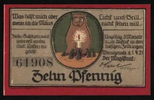 Notgeld Wernigerode a. H. 1921, 10 Pfennig, Eule mit Kerzen und Volksstudien-Szene