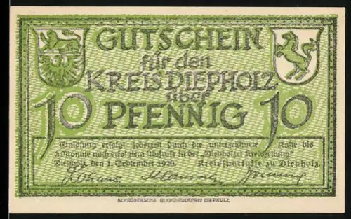Notgeld Diepholz 1920, 10 Pfennig, Wappen und Gänsemotiv im Grünen