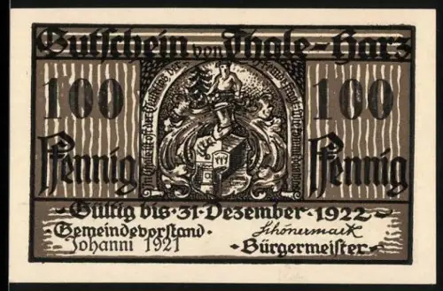 Notgeld Thale /Harz 1921, 100 Pfennig, Wappen und Eisenhüttenwerk mit Arbeitern