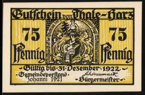 Notgeld Thale /Harz 1922, 75 Pfennig, Wappen und Bergmannsszene mit Gedicht