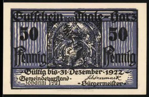 Notgeld Thale /Harz 1921, 50 Pfennig, Teufelsmauer und Walpurgishalle mit Fabelwesen