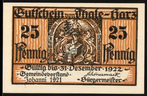 Notgeld Thale /Harz 1921, 25 Pfennig, Hexentanzplatz-Szene und Wappen