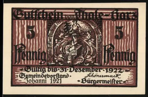 Notgeld Thale /Harz 1921, 5 Pfennig, Wappen und Bergtheater mit Figuren