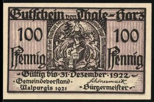 Notgeld Thale /Harz 1921, 100 Pfennig, Wappen und Fabrikgebäude mit Arbeitern