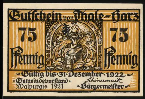 Notgeld Thale /Harz 1921, 75 Pfennig, Wappen und Berglandschaft mit mystischen Szenen