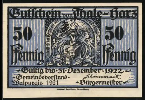 Notgeld Thale /Harz 1921, 50 Pfennig, Walpurgishalle und Teufelsmauer, Wappen mit Ritter und Löwen