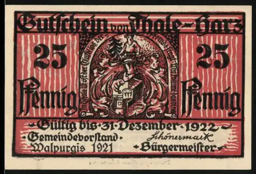 Notgeld Thale /Harz 1921, 25 Pfennig, Hexentanz-Motiv und Wappen