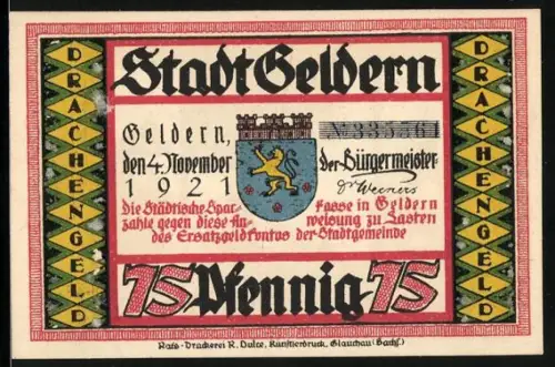 Notgeld Geldern 1921, 75 Pfennig, Drache und Stadtwappen mit Silhouetten-Szene