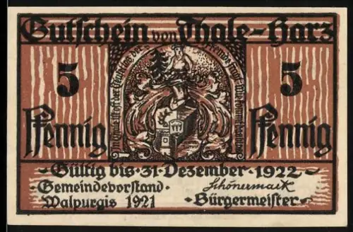 Notgeld Thale /Harz 1921, 5 Pfennig, Wappen und Bergtheater mit Figuren