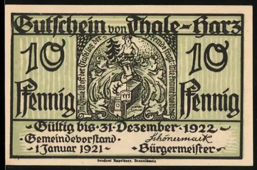 Notgeld Thale /Harz 1921, 10 Pfennig, Wappen und Schlucht mit Figuren und Tieren