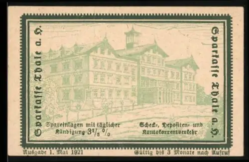 Notgeld Thale a. H. 1921, 10 Pfennig, Gebäudeansicht und Wappen