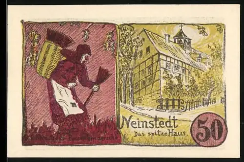 Notgeld Neinstedt 1921, 50 Pfennig, Frau mit Besen und das spitze Haus