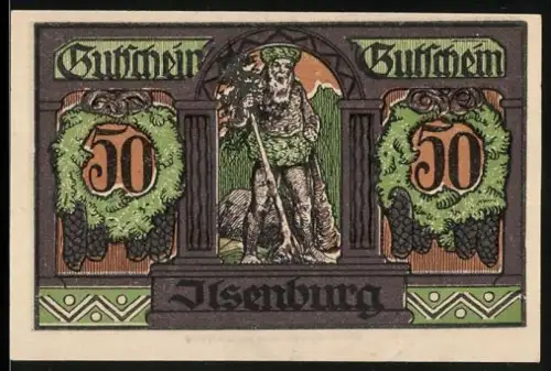 Notgeld Ilsenburg 1921, 50 Pfennig, Waldgeist und Schlossansicht mit Wappen