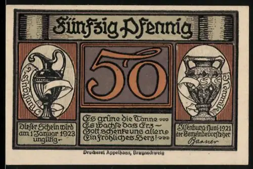 Notgeld Ilsenburg am Harz 1921, 50 Pfennig, Tannen und Berglandschaft mit Figuren