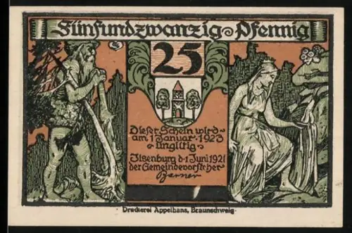 Notgeld Ilsenburg a. Harz 1921, 25 Pfennig, Szenen aus Faust mit Hexe und mythologischen Figuren, Wappen