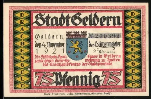Notgeld Geldern 1921, 75 Pfennig, Wappen und Silhouetten von Figuren beim Schleifen von Schwertern und Dolchen