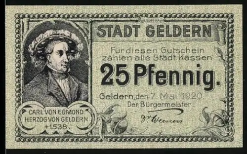 Notgeld Geldern 1920, 25 Pfennig, Carl von Egmond Porträt und Löwenwappen