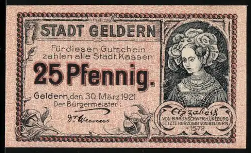 Notgeld Geldern 1921, 25 Pfennig, Porträt von Herzogin Elisabeth, Löwe und Stadtwappen von Geldern