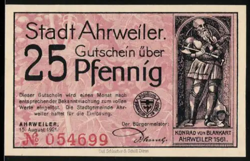 Notgeld Ahrweiler 1921, 25 Pfennig, Konrad von Blankart und Stadttor mit Reitern und Wappen