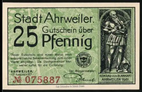 Notgeld Ahrweiler 1921, 25 Pfennig, Konrad von Blankart und Ortsansicht mit Wappen und Weinreben
