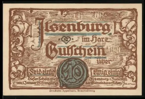 Notgeld Ilsenburg im Harz 1921, 10 Pfennig, Burgansicht und Zwerge