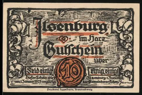 Notgeld Ilsenburg im Harz 1921, 10 Pfennig, Goblins und Burgansicht