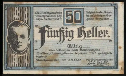 Notgeld Aurolzmünster 1920, 50 Heller, Porträt und Gebäudeansicht mit Bäumen und Kirche