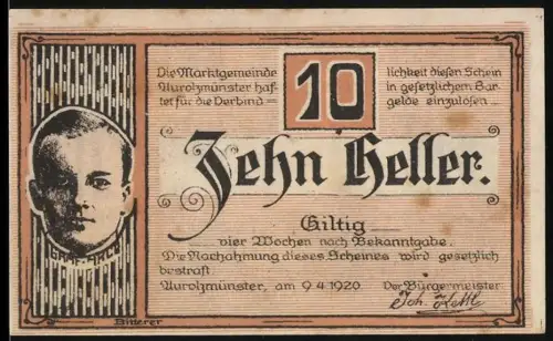 Notgeld Aurolzmünster 1920, 10 Heller, Porträt eines Kindes und Ortsansicht