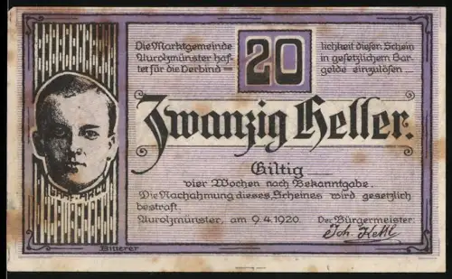 Notgeld Aurolzmünster 1920, 20 Heller, Porträt und Ortsansicht mit Brunnen