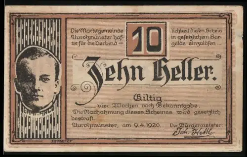 Notgeld Aurolzmünster 1920, 10 Heller, Porträt und Ortsansicht von Aurolzmünster im dekorativen Rahmen