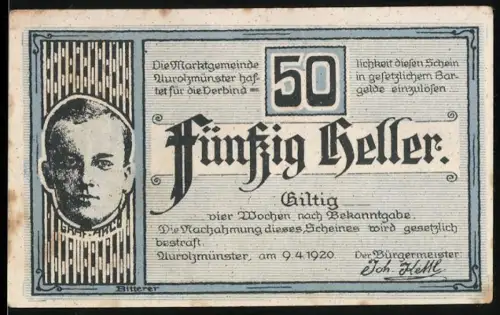 Notgeld Aurolzmünster 1920, 50 Heller, Porträt und Gebäudeansicht mit Bäumen